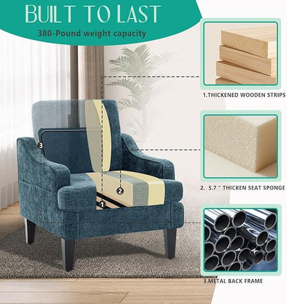 Modern Accent Chair for Bedroom Upholstered Reading Chair with Side Pockets Comfy Living Room Chairs Living Room Armchair for Office, Apartment (Blue Chenille)