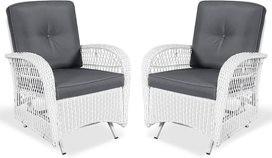 VIVIJASON 2-Piece Outdoor White Wicker Glider Rocking Chair, Patio Rattan Swing Glider Chairs with Cushions & Steel Frame, All-Weather Gliding Lawn Wicker Furniture for Garden Backyard Porch, Grey