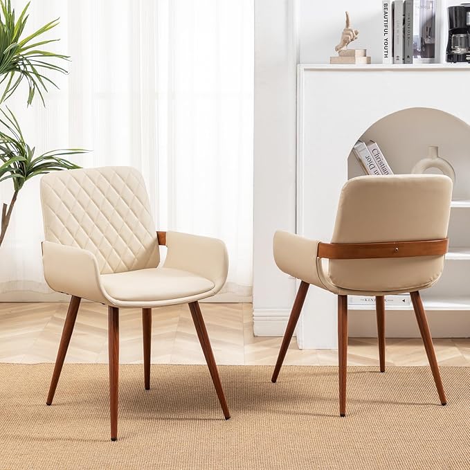 LUNLING Mid Century Modern Dining Chairs Set of 2,Accent Faux Leather Side Chairs Bentwood Frame with Armrest,Metal Legs Chair,Adjustable Foot for Kitchen Room Desk Chair(Cream White)