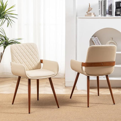 LUNLING Mid Century Modern Dining Chairs Set of 2,Accent Faux Leather Side Chairs Bentwood Frame with Armrest,Metal Legs Chair,Adjustable Foot for Kitchen Room Desk Chair(Cream White)