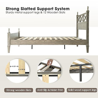 Queen Size Platform Bed Frame with Solid Wood Headboard & Footboard, Metal Legs, 12 Durable Slatted Base, No Box Spring Needed, Easy Assembly, Noise-Free & Anti-Slip, Weathered Gray Oak Finish, RIQ-34