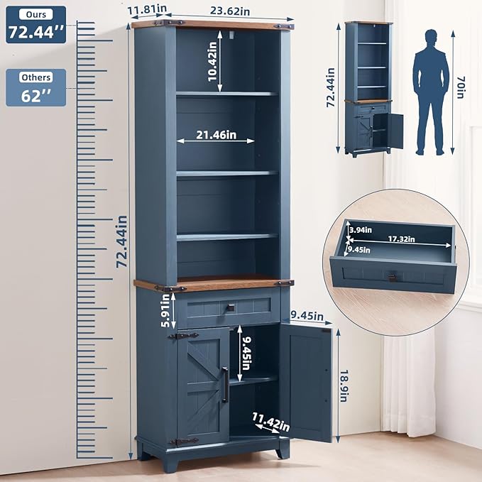 72in Tall Bookshelf 7 Tier Bookcase with Drawer and Barn Doors and Adjustable Shelves, Blue Farmhouse Book Shelf with Storage Cabinet, Wood Freestanding Display Bookshelves for Kitchen (3PCS)
