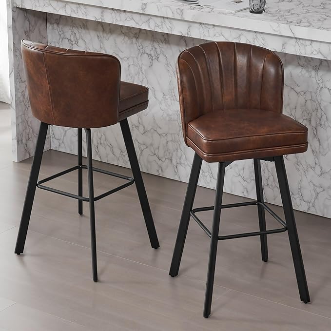 Swivel Counter Height Bar Stools Set of 2, 30'' Modern Barstools with Backs and Metal Legs, Upholstered Bar Chairs, Faux Leather Brown Stools for Kitchen Island Chairs