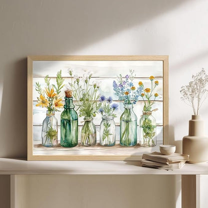 HLXRAE Wood Framed Green Bathroom Wall Art, Vintage Rustic Farmhouse Bathroom Wall Decor, Watercolor Floral Canvas Painting, Sage Green Plant Aesthetic Picture for Laundry Room Decor 16x24 inch