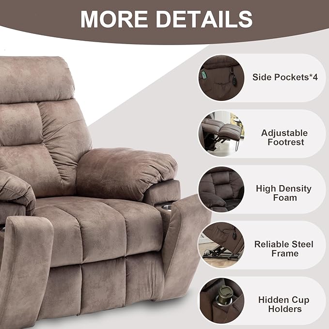 Oversized Lift Recliner Chairs for Elderly, 26in Extra Wide Power Chair with Massaga and Heating, Large Electric Lay Flat Recliners Sofa for Big and Tall Adult Lounging, Velvet Light Brown