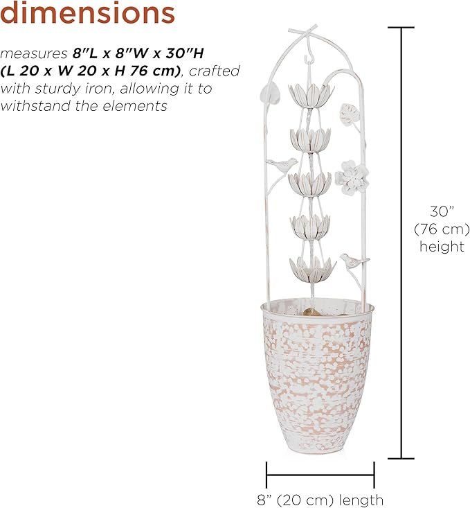 Alpine Corporation YHL866 30"" Metal Rustic Water Fountain with Decorative Flower – Cascading Waterfall Feature for Gardens, Patios, and Outdoor Décor, White