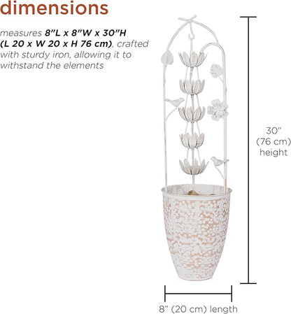 Alpine Corporation YHL866 30"" Metal Rustic Water Fountain with Decorative Flower – Cascading Waterfall Feature for Gardens, Patios, and Outdoor Décor, White