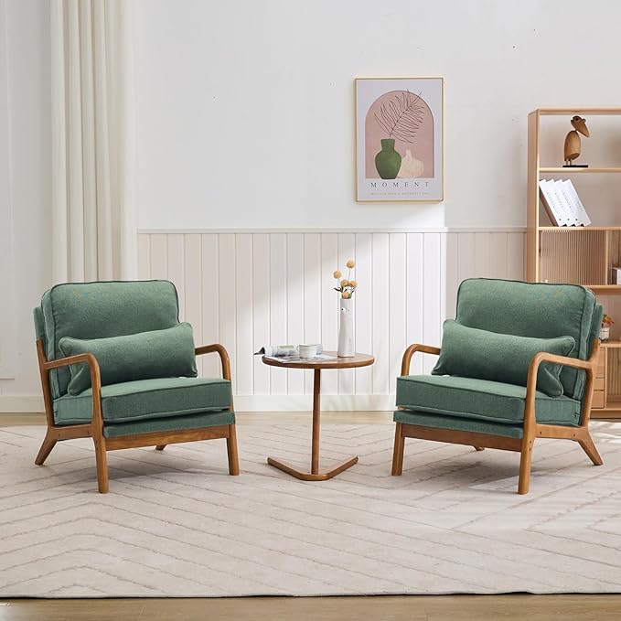 Mid-Century Accent Chair,Linen Fabric Lounge Chair with Wide Armrest,Linen Fabric Armchair with Lumbar Pillow & Solid Wood Frame for Living Room, Bedroom, Balcony(Green)