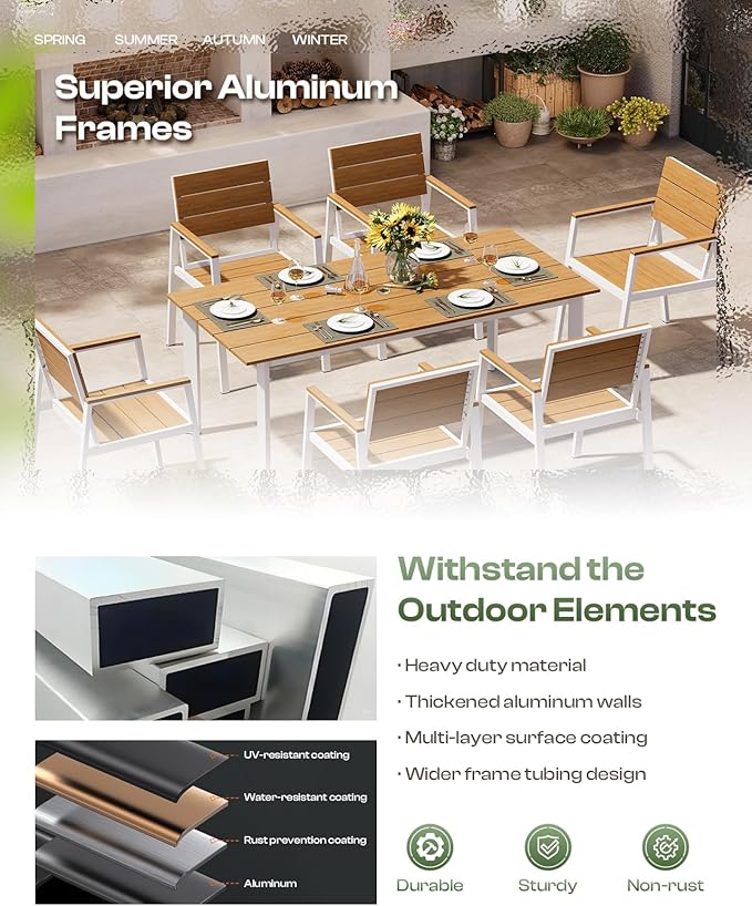 Outdoor Dining Set for 4, Patio Table and Chairs Set with Umbrella Hole, 5 Pieces HDPS Outdoor Furniture Sets for Patio, Garden, Backyard (White & Teak)