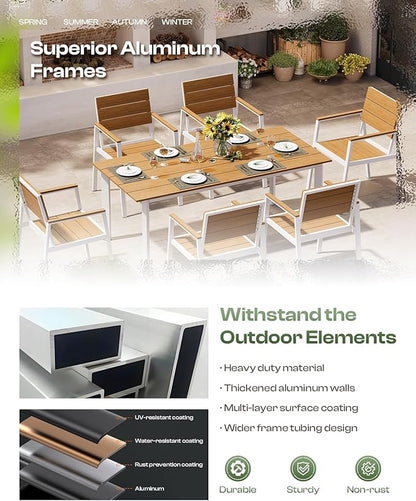 Outdoor Patio Dining Table Sets 7-Piece Aluminum and HDPS All-Weather Table and Chairs with Umbrella Hole, Patio Modern Furniture Sets for Garden, Backyard (White & Teak)