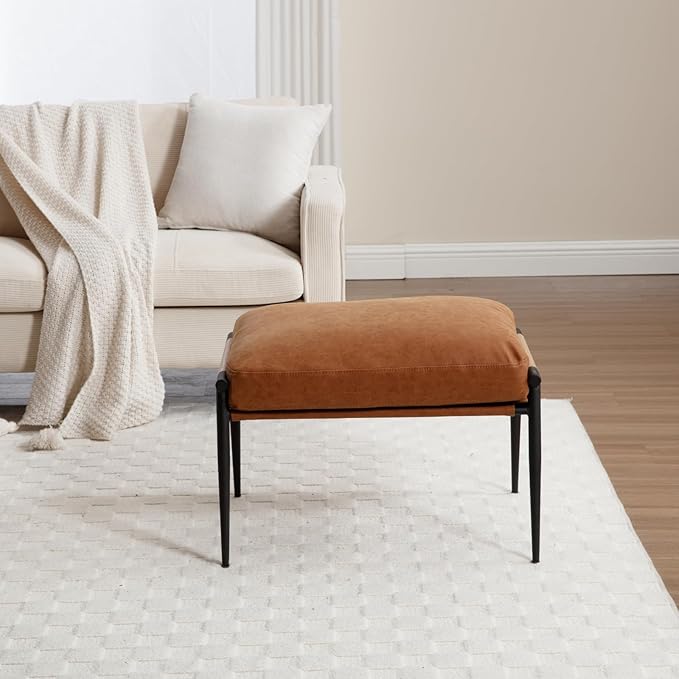 HEAH-YO Modern Footstool Ottoman Set of 1, Upholstered PU Leather Fabric Footrest Ottoman with Metal Legs, Small Footrest Extra Seating for Living Room Entryway, Brown