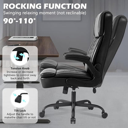 400lbs Executive Office Chair with Flip up Arm,Ergonomic Big and Tall Computer Desk Chairs with Pocket Spring Cushion,High Back PU Leather Computer Chair with Adjustable Lumbar Support,Metal Base