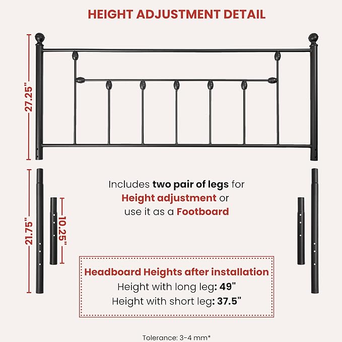 Victorian Metal Headboards, Adjustable Height Iron Frame, Rustic Farmhouse Style, Elegant Design, Easy Assembly, Universal Fit for Kids & Adults, California King Size, Black Finish