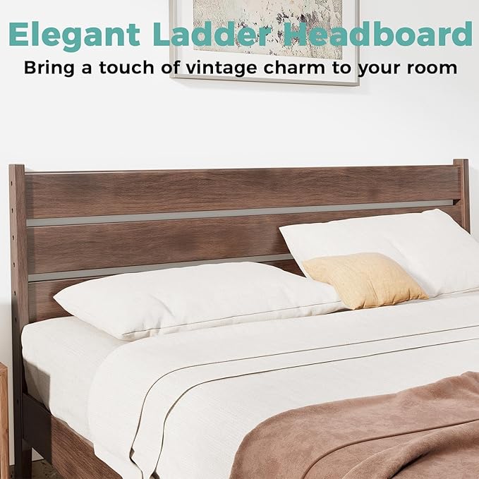 Full Bed Frame, Mid Century Platform Bed Frame with Ladder Headboard, Malaysian Oak Bedframe with Solid Wood Foundation, Noise-Free, Easy Installation, Full Size, Antique Espresso