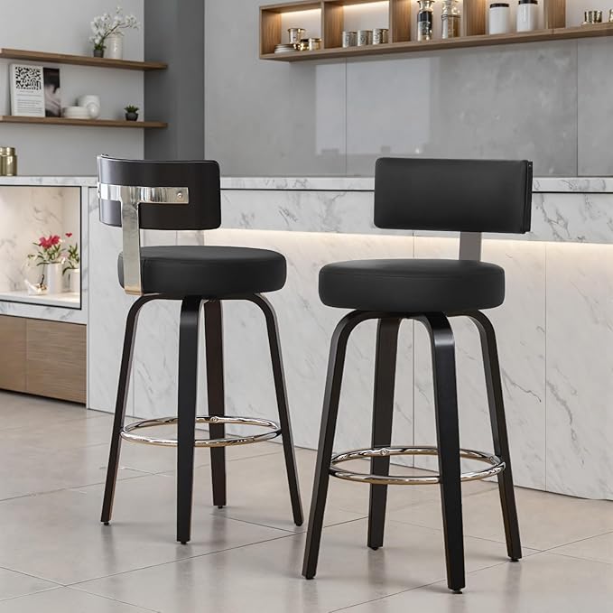 Swivel Counter Height Bar Stools Set of 2, 26" Upholstered Faux Leather Barstools with Back, Mid Century Modern Counter Stools with Black Walnut Wood Legs for Kitchen Island, Black
