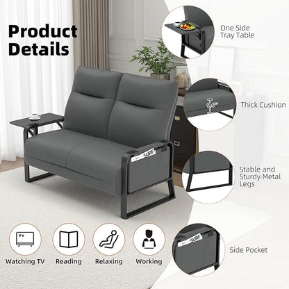 Faux Leather Loveseat, Upholstered Loveseat with Side Tray Table & Storage Pocket, Small Loveseat for Living Room, Modern 2 Seater Sofa Couch for Small Spaces, Bedroom, Gray