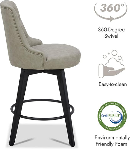 Watson & Whitely Modern Swivel Bar Stools, Faux Leather Upholstered Counter Height Bar Stools with Back, Solid Wood Legs, 26" H Seat, Set of 2, Stone Grey