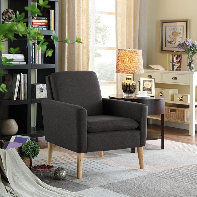 Lohoms Modern Accent Chair for Living Room, Comfy Upholstered Linen Fabric Single Sofa Chair for Bedroom, Guest Room, Office, Waiting Area, Black Armchair with Wood Legs