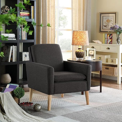 Lohoms Modern Accent Chair for Living Room, Comfy Upholstered Linen Fabric Single Sofa Chair for Bedroom, Guest Room, Office, Waiting Area, Black Armchair with Wood Legs
