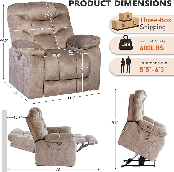 EONIX Oversized Big Man Power Lift Recliner Chair for Elderly with Heat and Massage, 400lbs Dual Motor Lay Flat Electirc Lift Chair with Extended Footrest, SLRY008063, Beige
