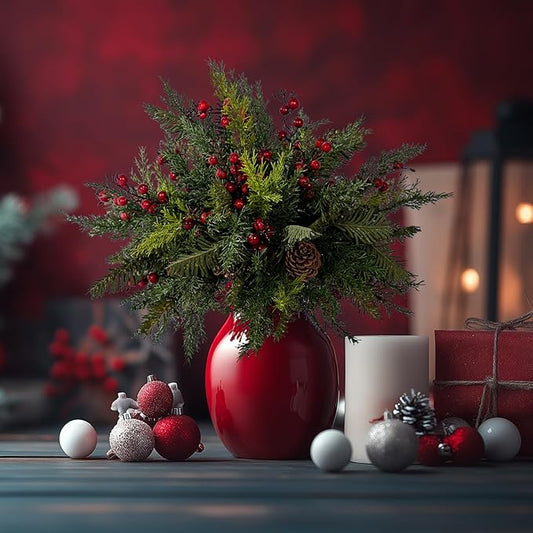 10PCS Artificial Pine Branches with Red Berry Pine Cones Artificial Needles Branches Greenery Stems Fake Greenery Floral Arrangements