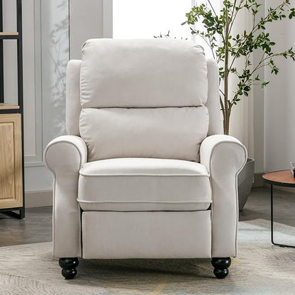 Push Back Recliner Chair, Fabric Armchair Overstuffed Pushback Recliner, Heavy Duty Single Sofa Chair with Padded Seat Solid Wood Legs for Living Room (White)