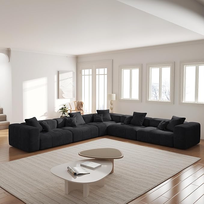 JACH V-Shaped Modular Sectional Sofas for Living Room, Modern Cloud Couch, Mid Century Modern Modular Sofa, Cozy Sleeper Sofa for Living Room (Linen Fabric, Black)