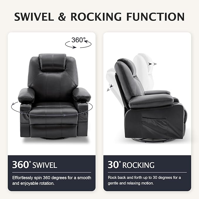 Oversized Swivel Rocker Recliner Sofa Chair with Heat and Massage, 360 Degree Swivel Single Sofa with Cup Holders and USB Port, Big Recliner Sofa Chair for Living Room(Leather, Smoky Black)