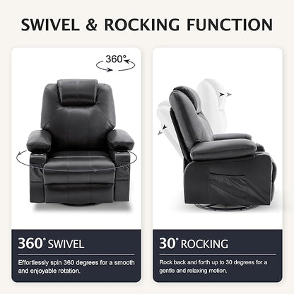 Oversized Swivel Rocker Recliner Sofa Chair with Heat and Massage, 360 Degree Swivel Single Sofa with Cup Holders and USB Port, Big Recliner Sofa Chair for Living Room(Leather, Smoky Black)