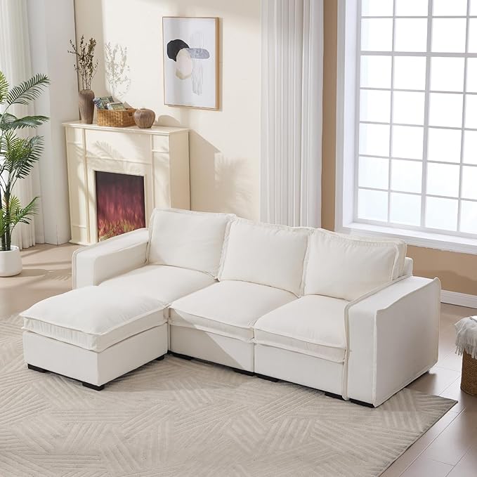 Modern Sectional Sofa for Living Room, Upholstered 3-Seater Modular Couches Linen Fabric L-Shaped Sofa with Ottoman for Home Furniture, White