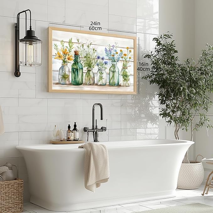 HLXRAE Wood Framed Green Bathroom Wall Art, Vintage Rustic Farmhouse Bathroom Wall Decor, Watercolor Floral Canvas Painting, Sage Green Plant Aesthetic Picture for Laundry Room Decor 16x24 inch