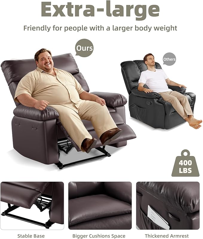 GarveeHome Oversized 27" Recliner Chairs, Classic Manual Leather Recliner, Home Theater Seating with Lumbar & Arms Support for Living Room, Bedroom and Nursery - Brown