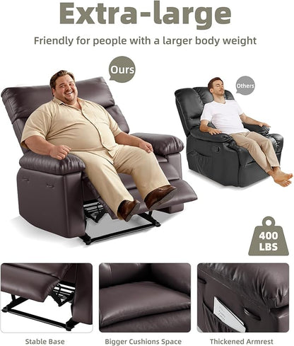 GarveeHome Oversized 27" Recliner Chairs, Classic Manual Leather Recliner, Home Theater Seating with Lumbar & Arms Support for Living Room, Bedroom and Nursery - Brown