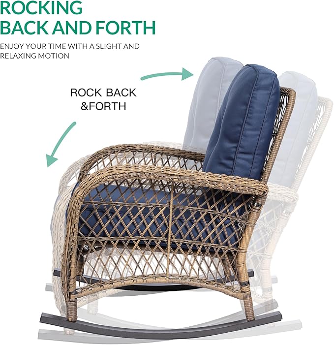 VIVIJASON 5-Piece Outdoor Patio Wicker Conversation Sets, All Weather Outdoor Rattan Furniture Set Includes Glider Loveseat, 2 Coffee Table, 2 Rocking Chairs with Cushions for Backyard, Navy Blue