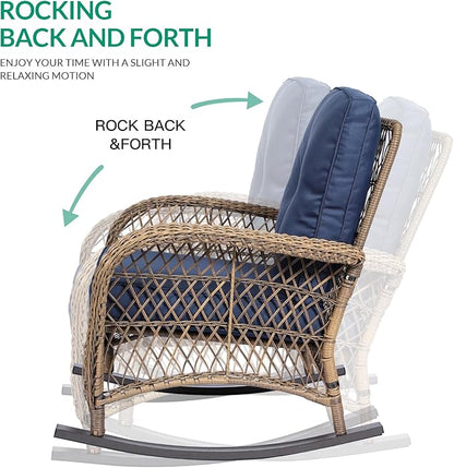 VIVIJASON 7-Piece Outdoor Patio Wicker Conversation Sets, All Weather Outdoor Rattan Furniture Set Includes Glider Loveseat, 2 Rocking Chairs, 2 Glider Rocker Chairs, 2 Coffee Table, Navy Blue