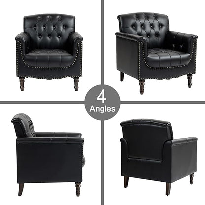 Lumibee Faux Leather Armchairs, Contemporary Accent Chairs Set of 2 with Nailhead Trims & Wood Legs for Living Room, Upholstered Comfy Arm Chairs for Office,Bedroom-Black