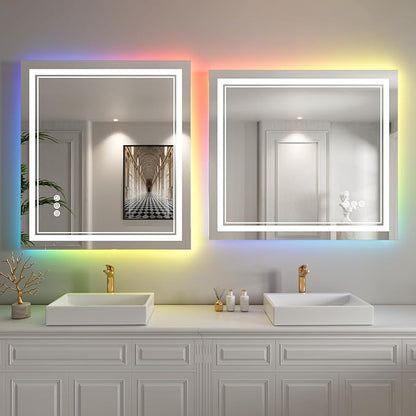 40x38 inch LED Bathroom Mirror with RGB Lights Color Changing Backlit Mirror Shatterproof Dimmable Anti-Fog Lighted Vanity Mirror (RGB Multicolor Backlit + Adjustable Front-Lighted)