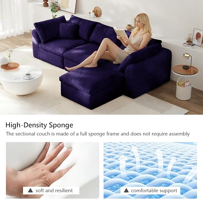 108" Boneless Cloud Couch Modular Sectional Sofa with Deep Seat for Living Room, L Shape Couch with Ottoman, Snowflake Cloth and 40D Memory Sponge，2 Throw Pillows (Purple, 3 Seater+1 Ottoman)