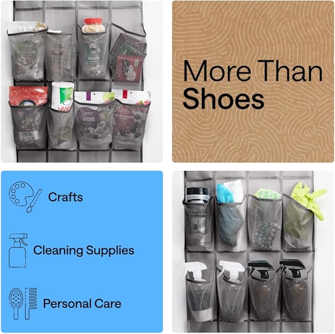 GORILLA GRIP Over the Door Shoe Organizer, 35 Large Breathable Mesh Pockets, Space Saving Hanging Storage Holder, 5 Hook Closet Rack Hanger, Hangs on Closets for Shoes, Accessories 68.5H x 24.5W Gray