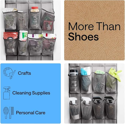 GORILLA GRIP Over the Door Shoe Organizer, 35 Large Breathable Mesh Pockets, Space Saving Hanging Storage Holder, 5 Hook Closet Rack Hanger, Hangs on Closets for Shoes, Accessories 68.5H x 24.5W Gray