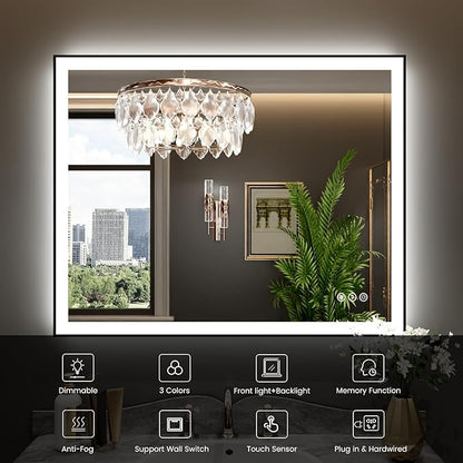 WTTY 40"X36" LED Bathroom Mirror with Black Frame, Bathroom Vanity Mirror with Lights for Wall, Front Light and Backlit, Anti-Fog, Dimmable, 3 Colors, Shatterproof, Memory, Horizontal/Vertical