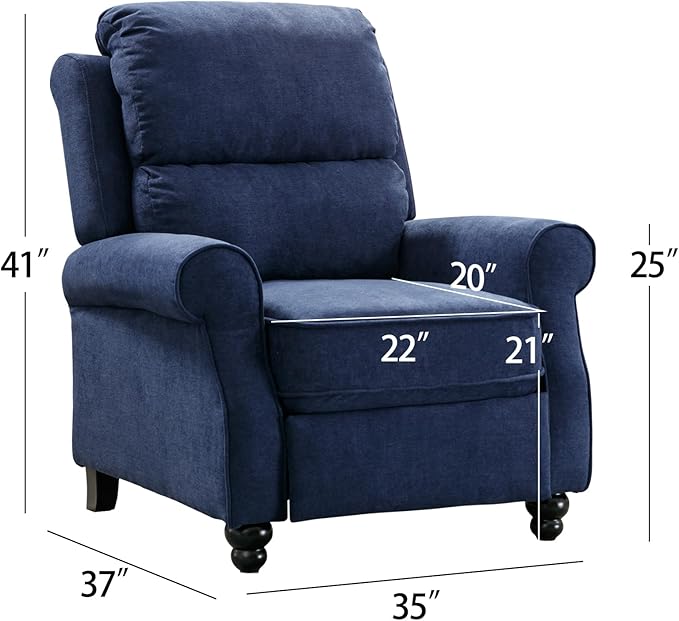 Push Back Recliner Chair, Fabric Armchair Overstuffed Pushback Recliner, Heavy Duty Single Sofa Chair with Padded Seat Solid Wood Legs for Living Room (Blue)
