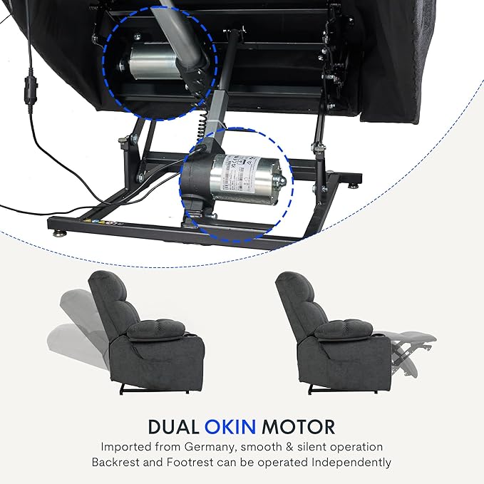 FLEXISPOT XL5 Dual OKIN Motor Power Lift Recliner Chair for Elderly, Lay Flat Electric Recliner with Massage & Heat, USB Ports, Fabric Reclining Sofa for Living Room Bedroom, Grey