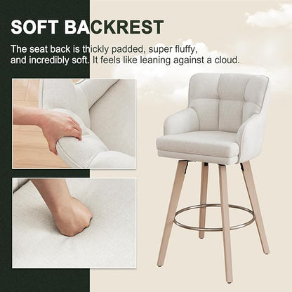 360°Swivel Counter Height Bar Stools with Back, 30 inch Solid Wood Legs, Bar Stool Modern Kitchen Island Chairs, Fabric (Beige- Fabric, 30" H- Set of 3)