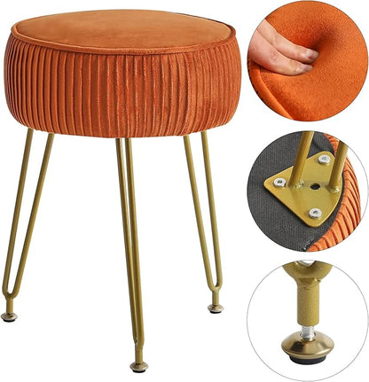 IBUYKE Velvet Round Footrest Stool Ottoman, Makeup Vanity Stool Side Table, Velvet Dressing Table Seat, Pouf Couch Stool, Golden Steel Legs, Orange LG-30J