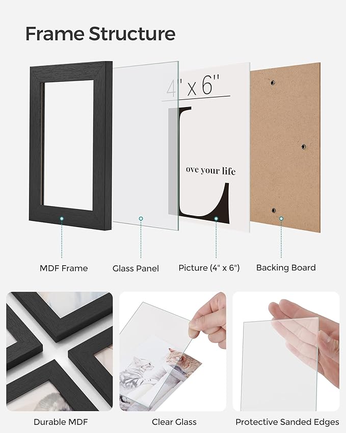 SONGMICS 4x6 Collage Picture Frames, 12-Pack Photo Collage Frame for Wall Decor, Glass Front, Assembly Required, Christmas Gift, Ink Black URPF22BK
