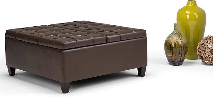 SIMPLIHOME Harrison 36 inch Wide Transitional Square Coffee Table Storage Ottoman in Chocolate Brown Vegan Faux Leather, Assembled, For the Living Room and Bedroom