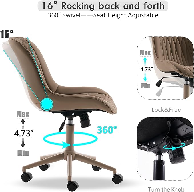 YOUNIKE Khaki Home Office Desk Chair No Arms Comfy Small Vanity Chair Chair with Wheels Swivel Adjustable Modern Ergonomic Task with Back Armless Cute Leather Upholstered Rolling Chair