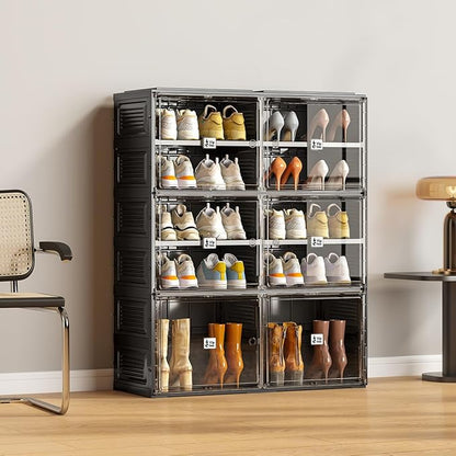 Black Shoe Rack Organizer Cabinet for Closet Entryway,Clear Shoe Storage Boxes Stackable Sneaker Storage with Door Easy Assembly Shoe Cabinet with Lids Large 5 Tiers 20 Pairs