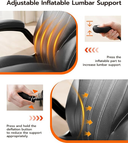Office Desk Chair, Ergonomic Computer Chair with Padded Flip-Up Arms and Adjustable Lumbar Support, PU Leather Executive Chair with Tilt Lock and 360° Swivel Rolling Wheels for Work, Study